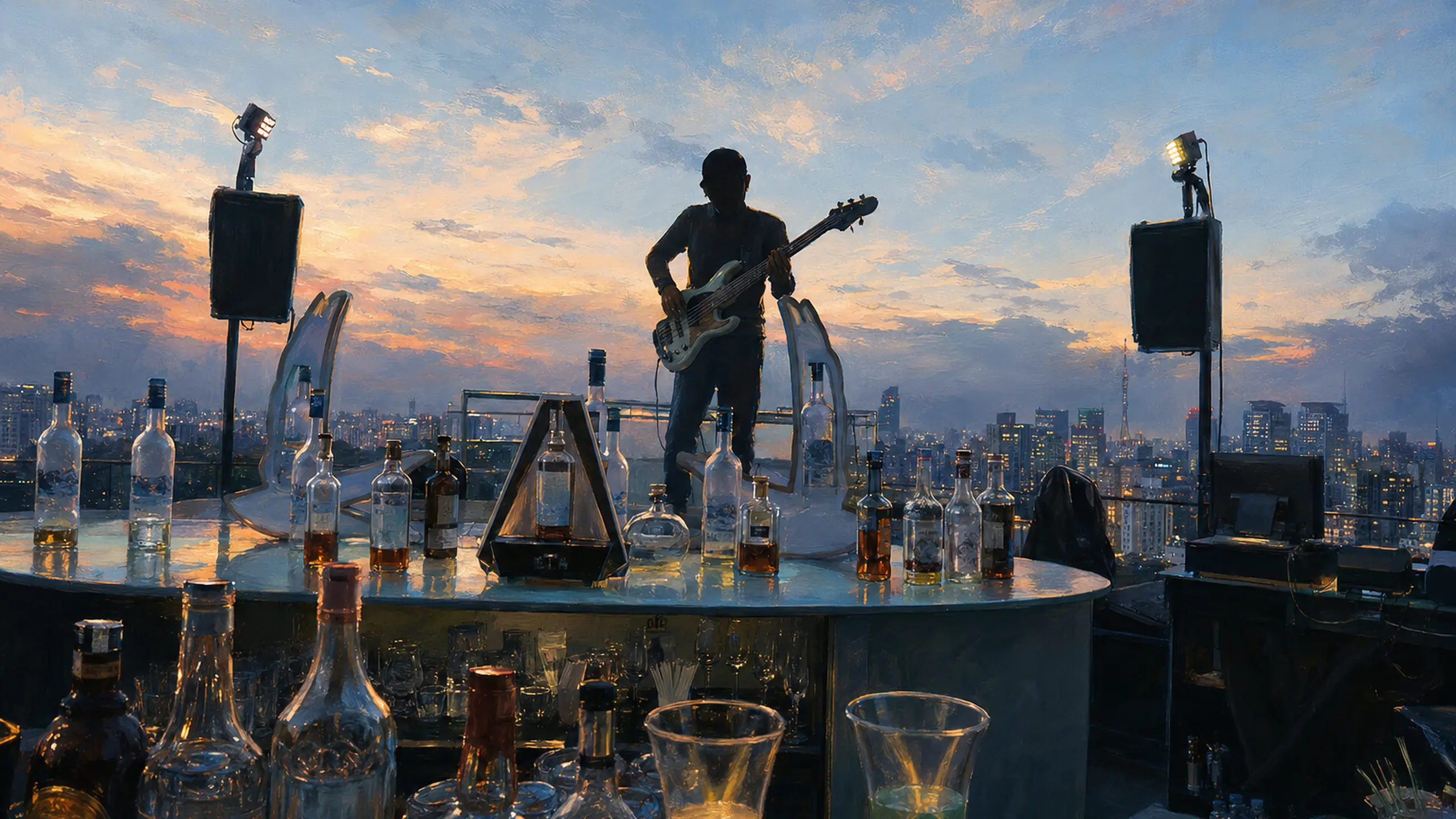 Künstlerisch anonymisierte Silhouette eines Bassisten bei einem Auftritt über den Dächern von Saigon
